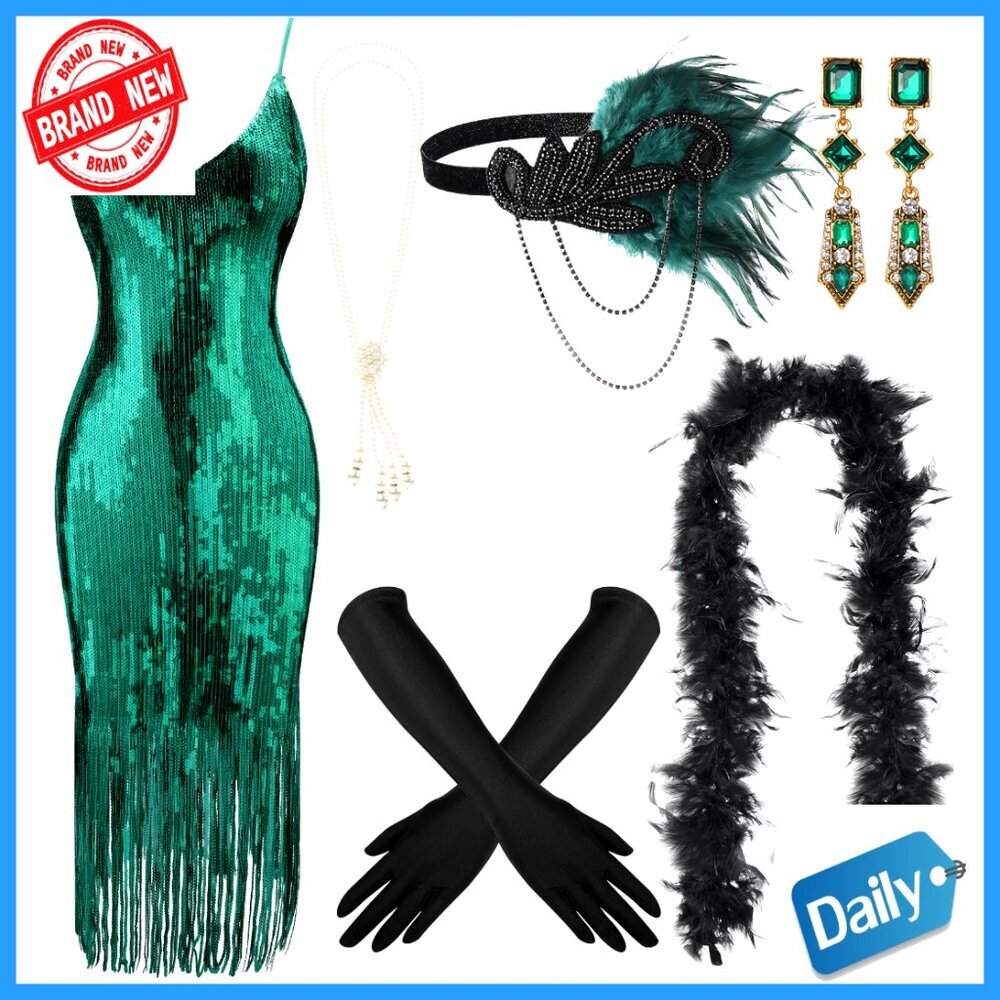 1920s Flapper Sequin Dress Costume Set with Accessories and Feather Boa